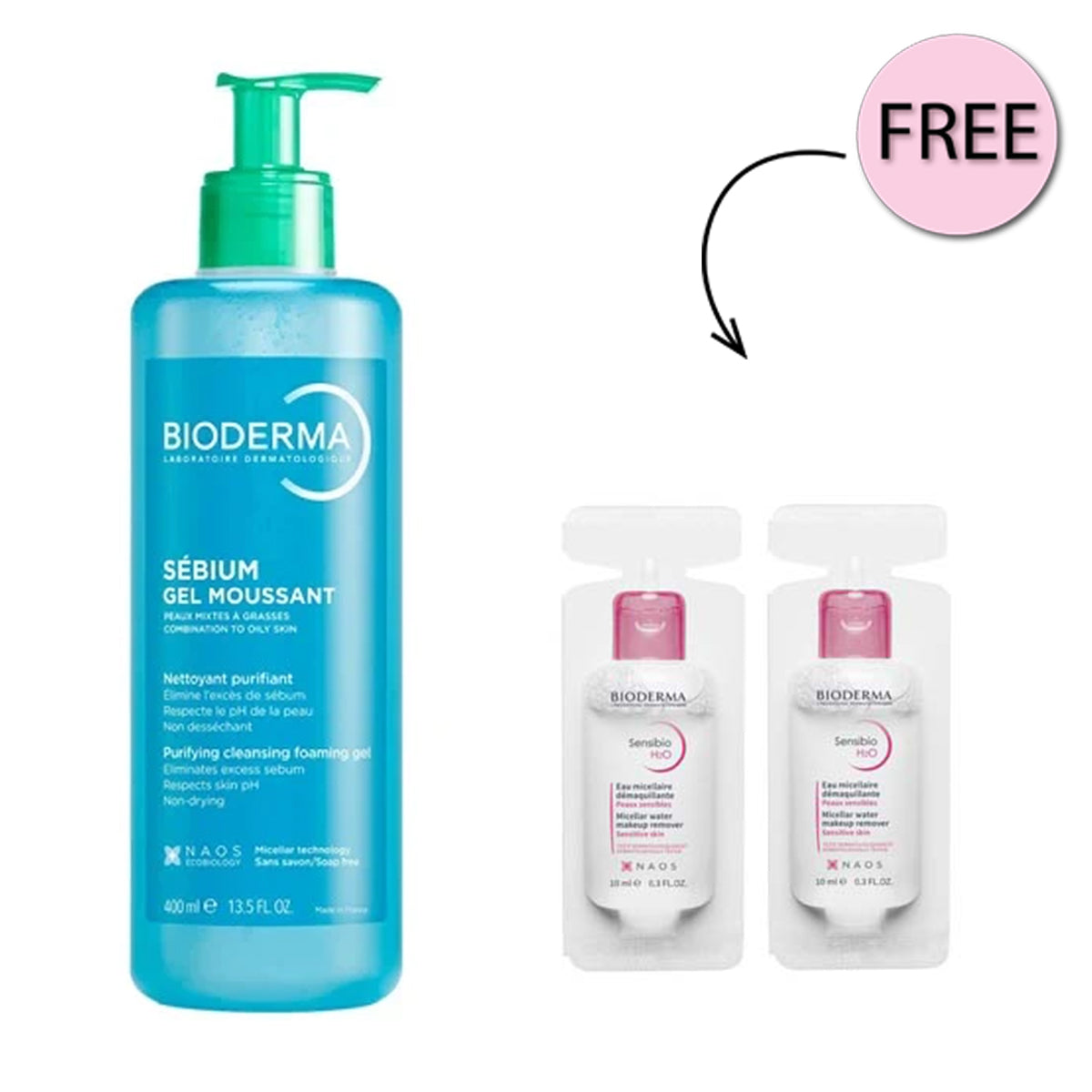Bioderma Sebium Gel Moussant Purifying Cleansing Foaming Gel 400ml + 2 Free Bioderma Sensibio H2o 10ml